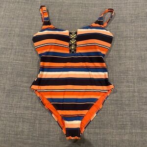 Michael Kors Women Orange Blue Striped One Piece Swimsuit Gold Beach Size 14